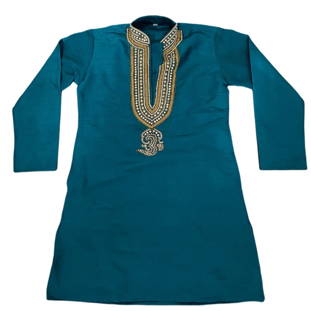 Vintage Emerald Green Silk  Tunic Embellish Top w/ Embroidery- Size 6